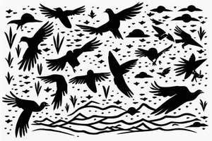 wetland with thunder lightning and birds in the sky tattoo idea