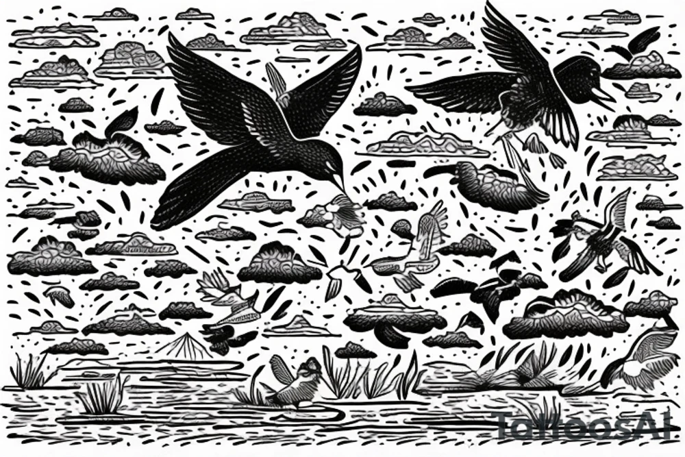 wetland with thunder lightning and birds in the sky tattoo idea