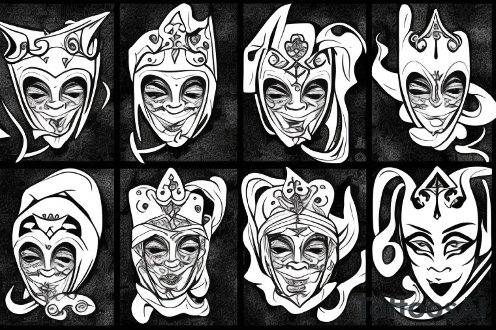 Masked faces knight jester tattoo idea