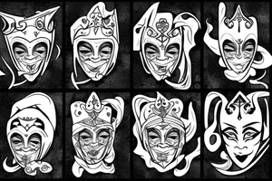 Masked faces knight jester tattoo idea