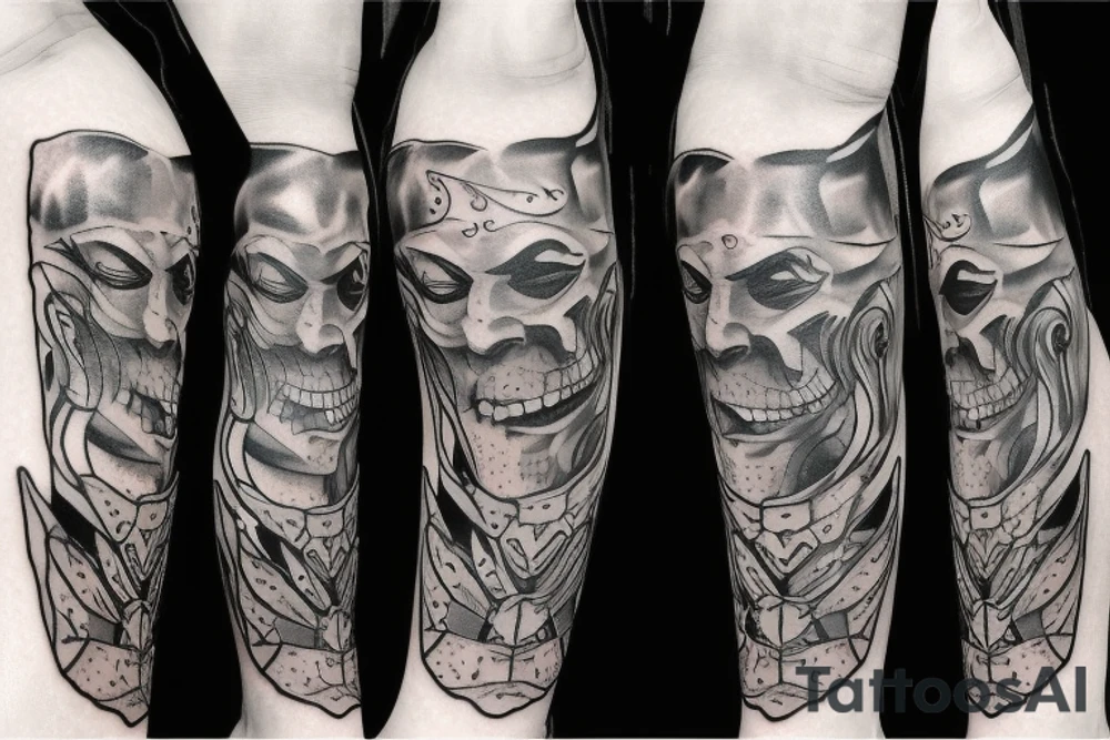 Masked faces knight jester tattoo idea