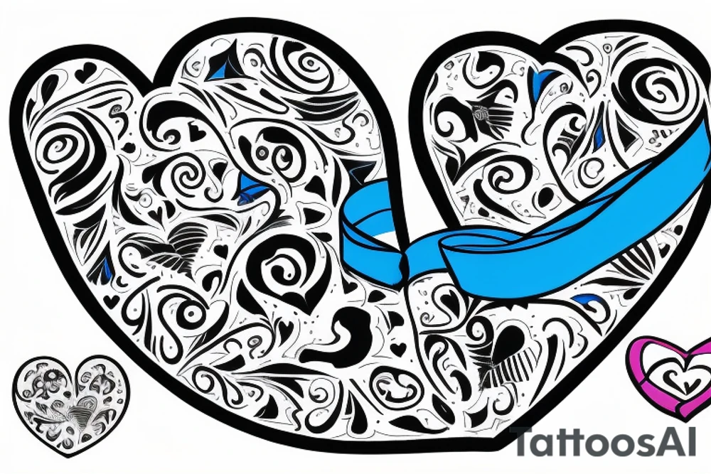 A heart with the date 16.8.2022 writing in it, comming out of an open present box with blue ribbon tattoo idea