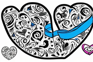 A heart with the date 16.8.2022 writing in it, comming out of an open present box with blue ribbon tattoo idea