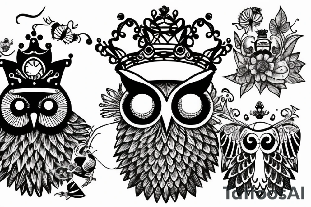 Pearched owl wearing a crown with a bumblebee flying nearby tattoo idea