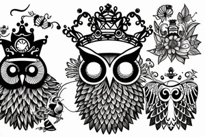 Pearched owl wearing a crown with a bumblebee flying nearby tattoo idea