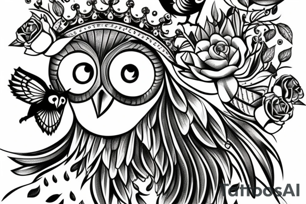 Pearched owl wearing a crown with a bumblebee flying nearby tattoo idea