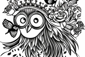 Pearched owl wearing a crown with a bumblebee flying nearby tattoo idea