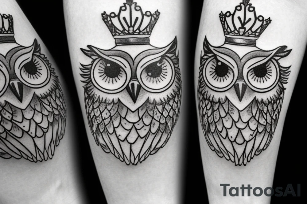 Owl pearched on a branch wearing a crown tattoo idea