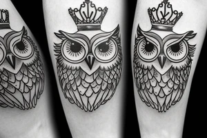 Owl pearched on a branch wearing a crown tattoo idea