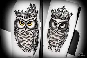 Owl pearched on a branch wearing a crown tattoo idea