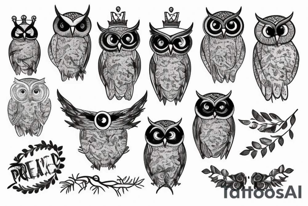 Owl pearched on a branch wearing a crown tattoo idea