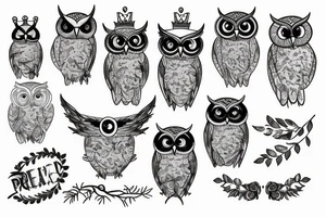 Owl pearched on a branch wearing a crown tattoo idea