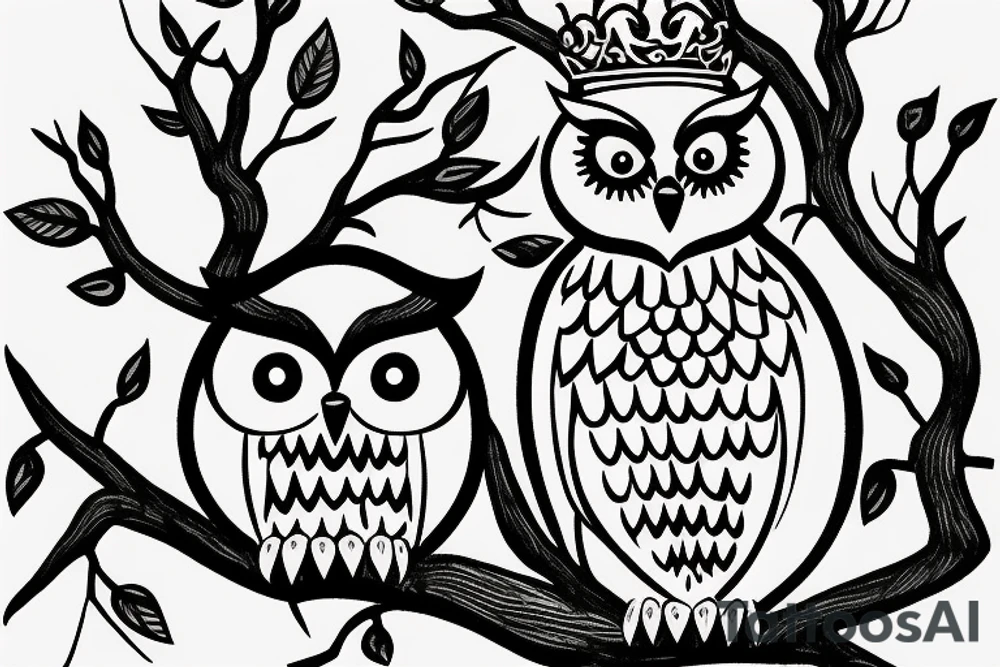 Owl pearched on a branch wearing a crown tattoo idea