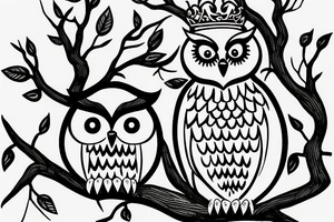 Owl pearched on a branch wearing a crown tattoo idea