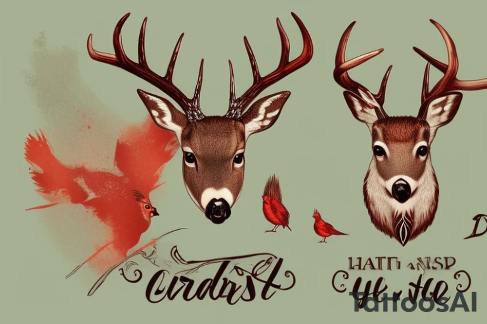 whitetail deer with a cardinal on its antler. I want the background to be the sky and clouds. the deer should be seen from its shoulders up. tattoo idea