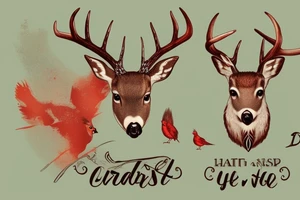 whitetail deer with a cardinal on its antler. I want the background to be the sky and clouds. the deer should be seen from its shoulders up. tattoo idea