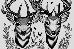 whitetail deer with a cardinal on its antler. I want the background to be the sky and clouds. the deer should be seen from its shoulders up. tattoo idea