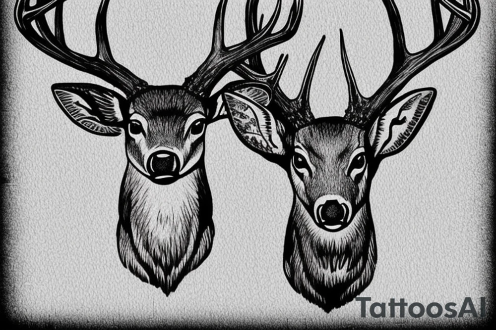 whitetail deer with a cardinal on its antler. I want the background to be the sky and clouds. the deer should be seen from its shoulders up. tattoo idea