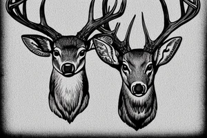 whitetail deer with a cardinal on its antler. I want the background to be the sky and clouds. the deer should be seen from its shoulders up. tattoo idea