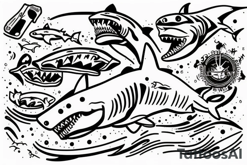 a shark with a skid on his head and some waves tattoo idea