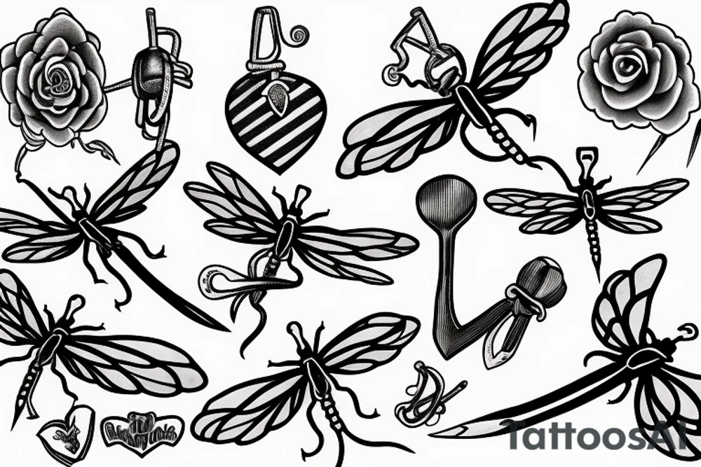 Heart net anchor dragonfly sprout tattoo idea