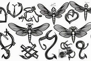 Heart net anchor dragonfly sprout tattoo idea