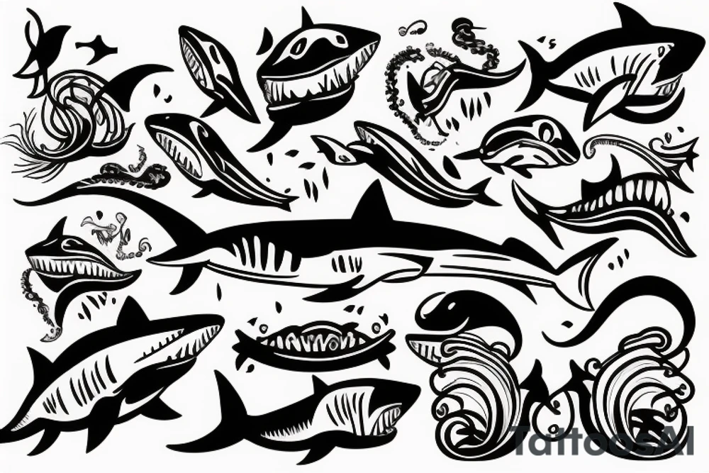 shark with a squid o his head and some waves tattoo idea
