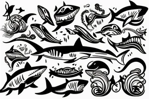 shark with a squid o his head and some waves tattoo idea