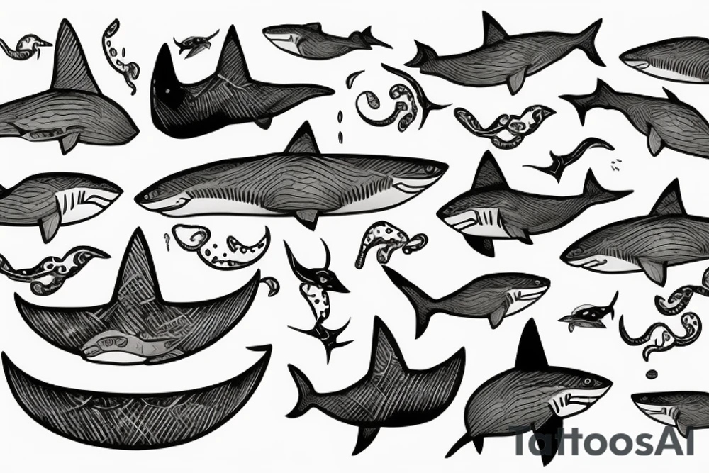 shark with a squid o his head and some waves tattoo idea