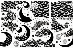 Waves surrounding the moon next to a tokyo night tattoo idea