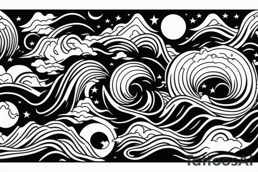 Waves surrounding the moon in japan tattoo idea
