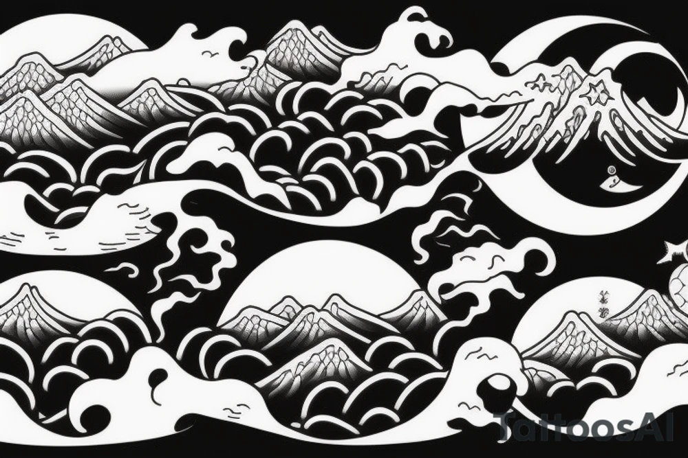 Waves surrounding the moon in japan tattoo idea
