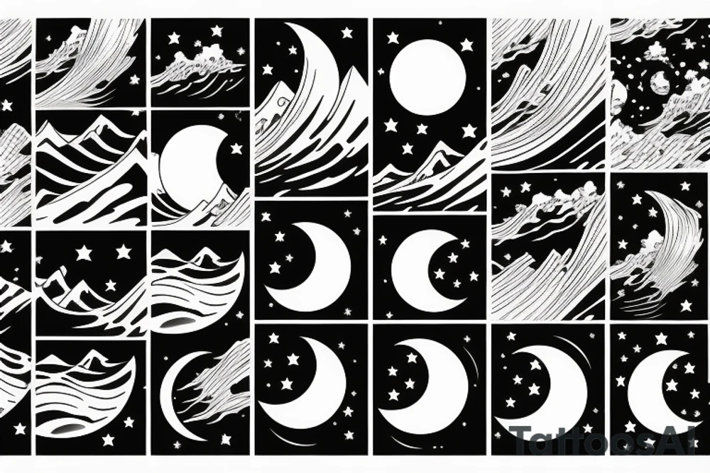 Waves surrounding the moon in japan tattoo idea