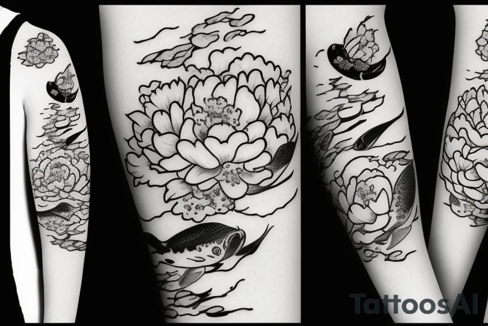 Koi fish swimming in waves with a peony and cherry blossoms tattoo idea