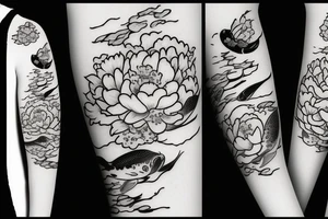 Koi fish swimming in waves with a peony and cherry blossoms tattoo idea