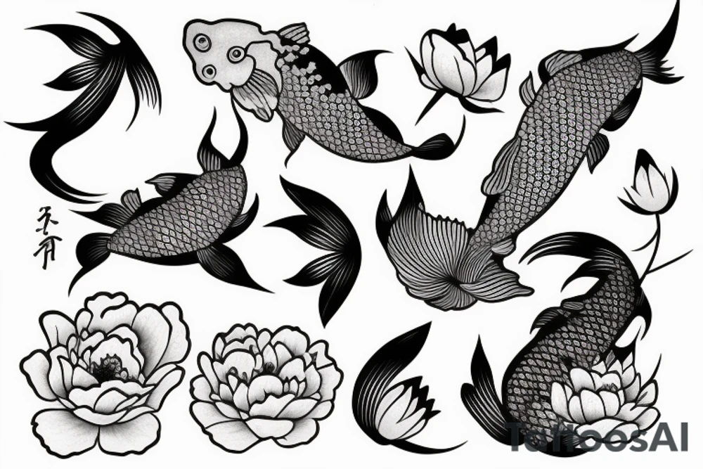 Koi fish swimming in waves with a peony and cherry blossoms tattoo idea