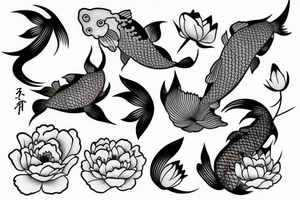 Koi fish swimming in waves with a peony and cherry blossoms tattoo idea