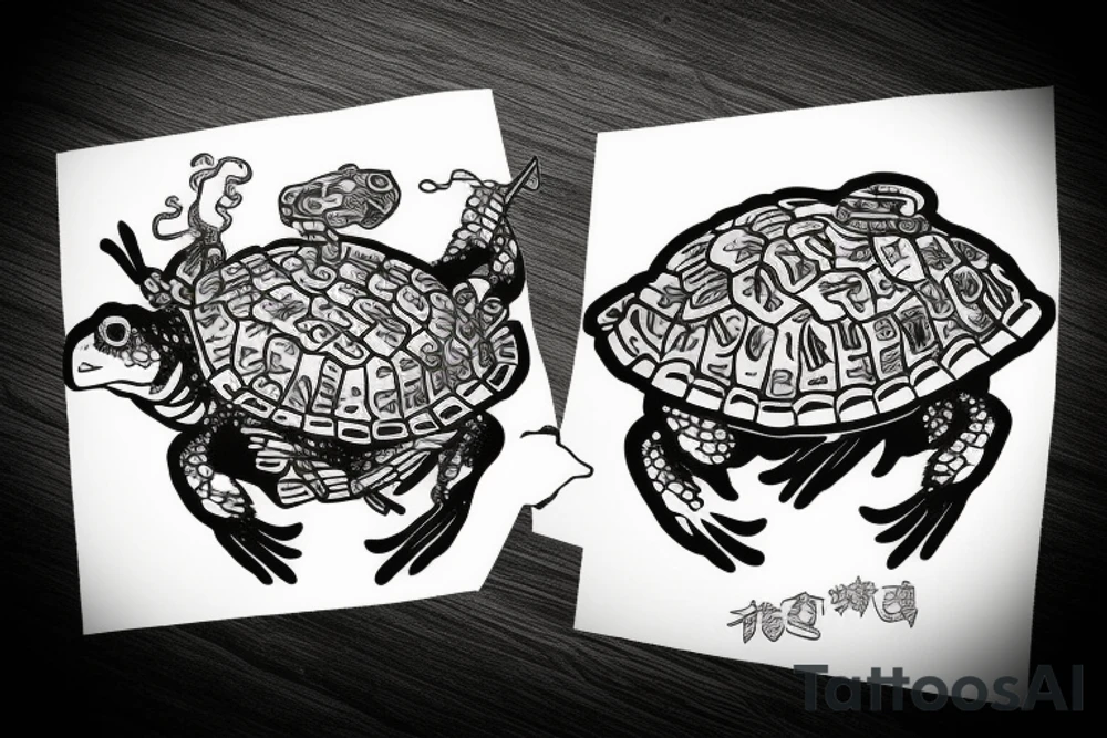 Samurai frog riding on the back of a turtle tattoo idea