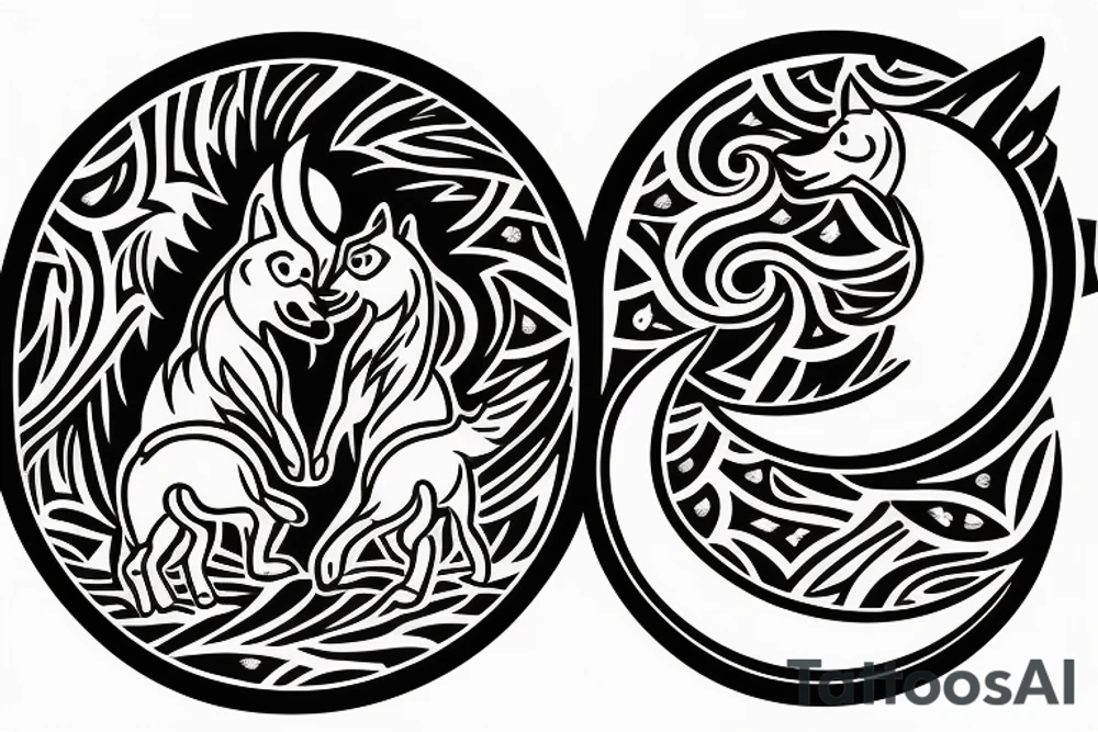 Two wolves chasing  sun and moon tattoo idea
