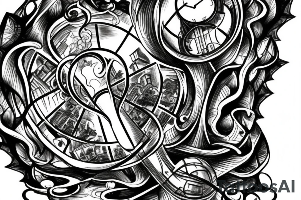 An hourglass with vine growing out of the top, filled with a city disolving into code. tattoo idea