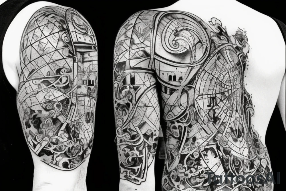 An hourglass with vine growing out of the top, filled with a city disolving into code. tattoo idea