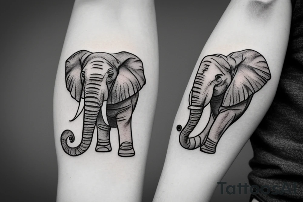 Single line tattoo in the shape of an elephant using the letters Ayla & Itai tattoo idea