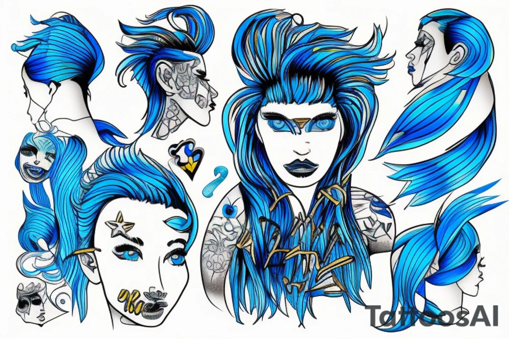 Ken kamel in chair with blue hair stencil tattoo idea