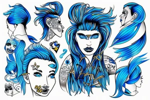 Ken kamel in chair with blue hair stencil tattoo idea
