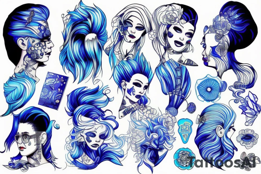 Ken kamel in chair with blue hair stencil tattoo idea