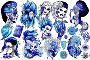 Ken kamel in chair with blue hair stencil tattoo idea