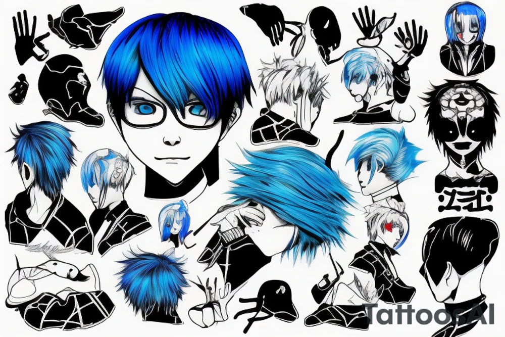 Ken kaneki in chair with blue hair stencil tattoo idea