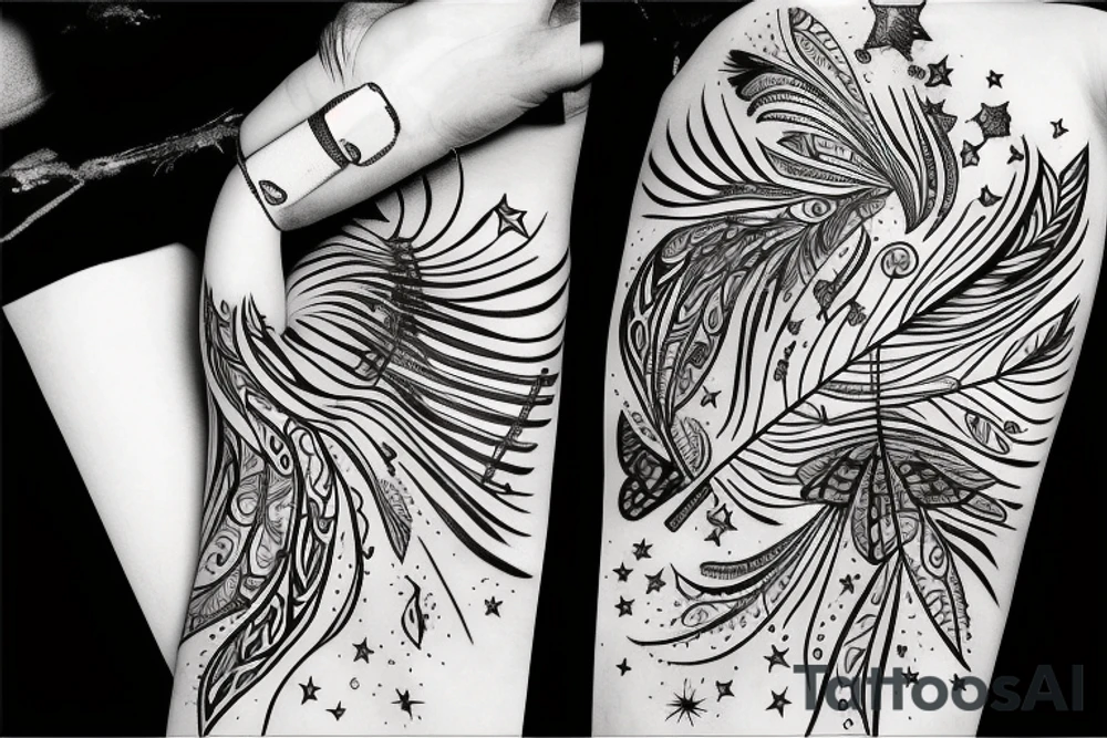 Telescope, music, feather, stars tattoo idea