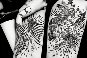 Telescope, music, feather, stars tattoo idea