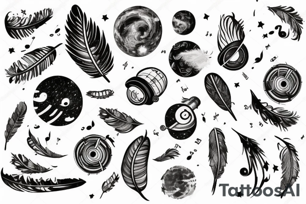 A telescope on tiny planet surrounded by music, feathers and stars tattoo idea